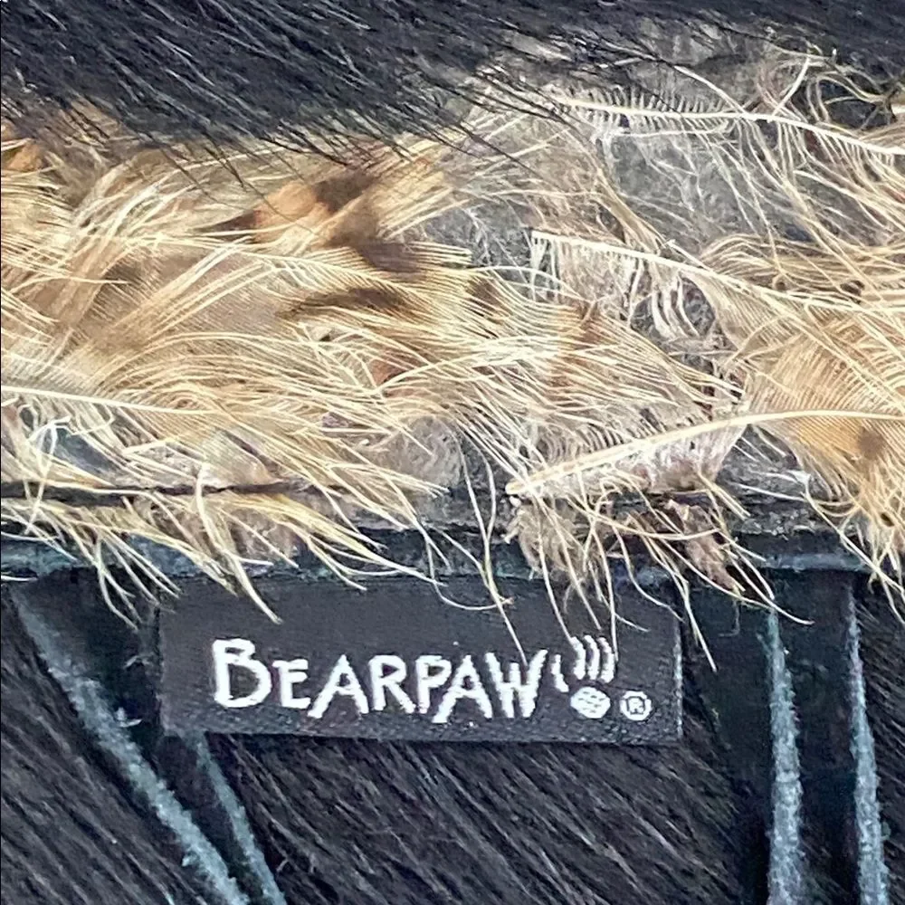 BearPaw Black Cow Hair Goat Fur Winter Boots Sz 7 Brown Bird Feathers & Fringe